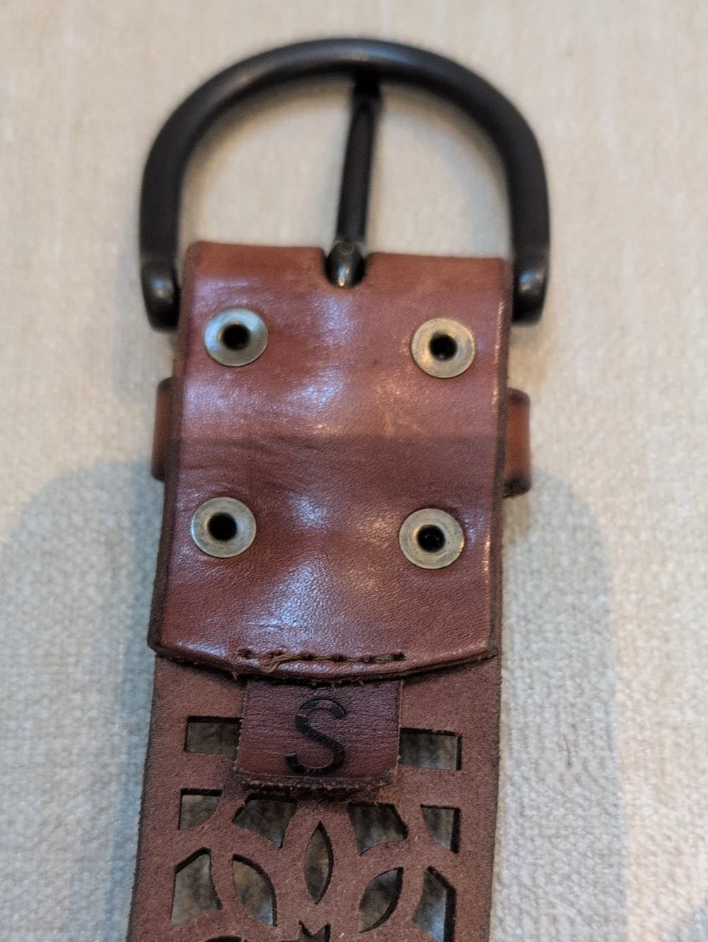 Brown Laser-Cut Floral Leather Belt Gunmetal Buckle Adjustable